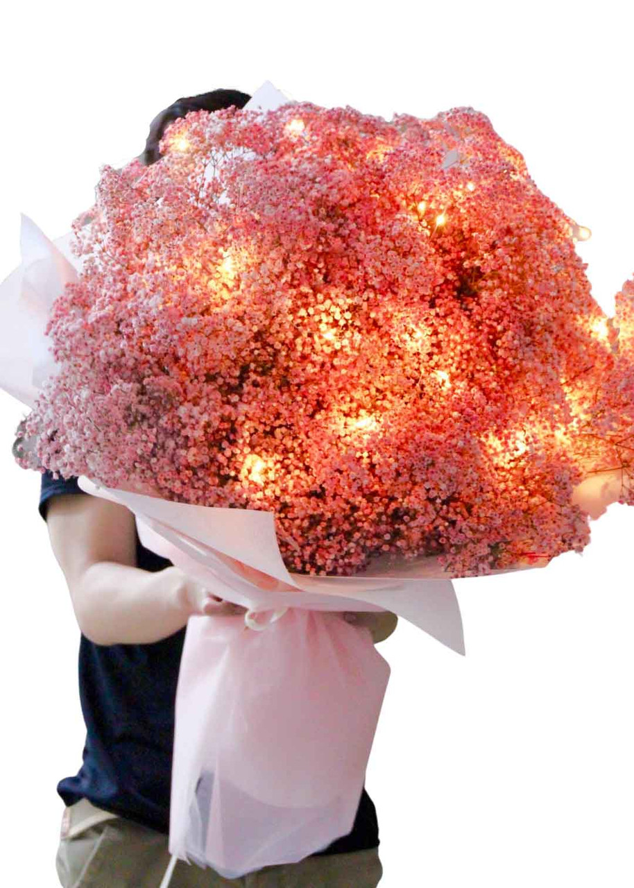 Pink Baby's Breath Giant Bouquet with Fairy Lights