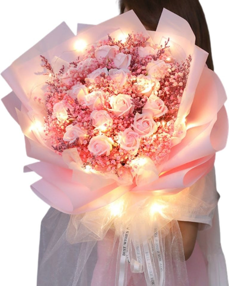 Roses and Baby's Breath Fairy Lights Bouquet